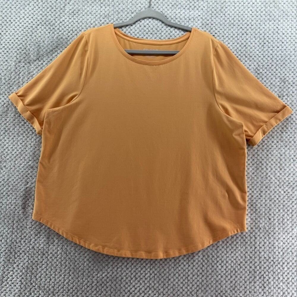 Chicos Top Women 4 (XXL) Orange Stretchy Jersey Crew Neck Short Sleeve Roll Cuff